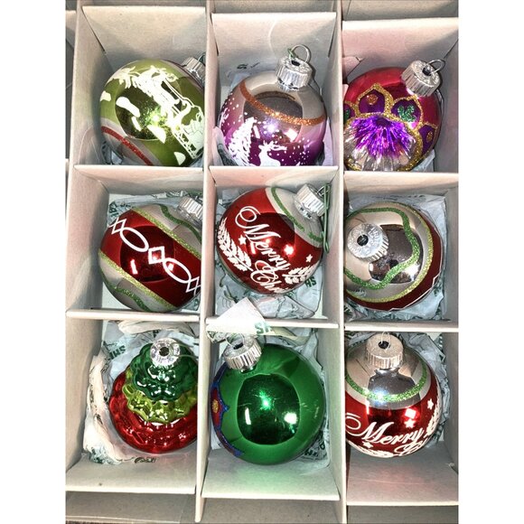 Shiny Brite 9 Christmas Ornaments Stenciled Flocked Christopher W/original paper - Picture 5 of 7